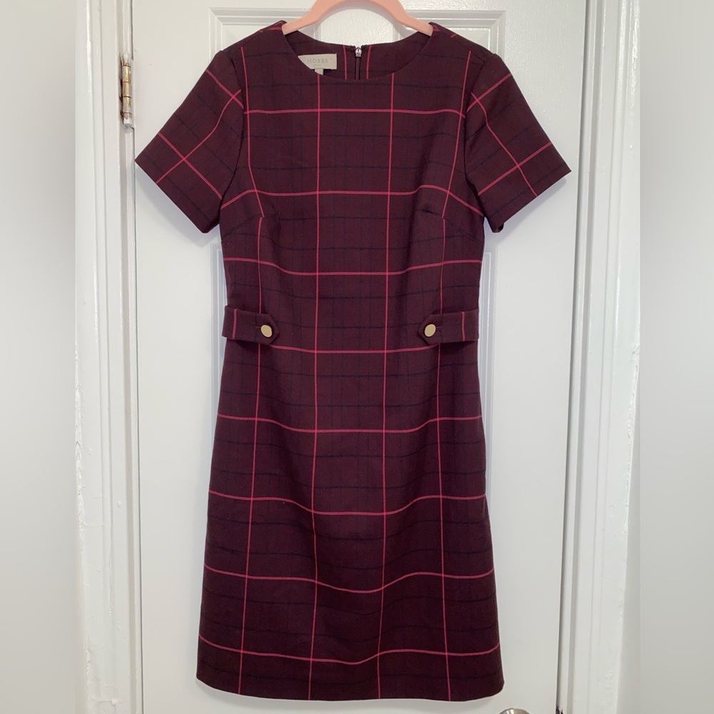 Hobbs London maroon pink plaid short sleeve dress